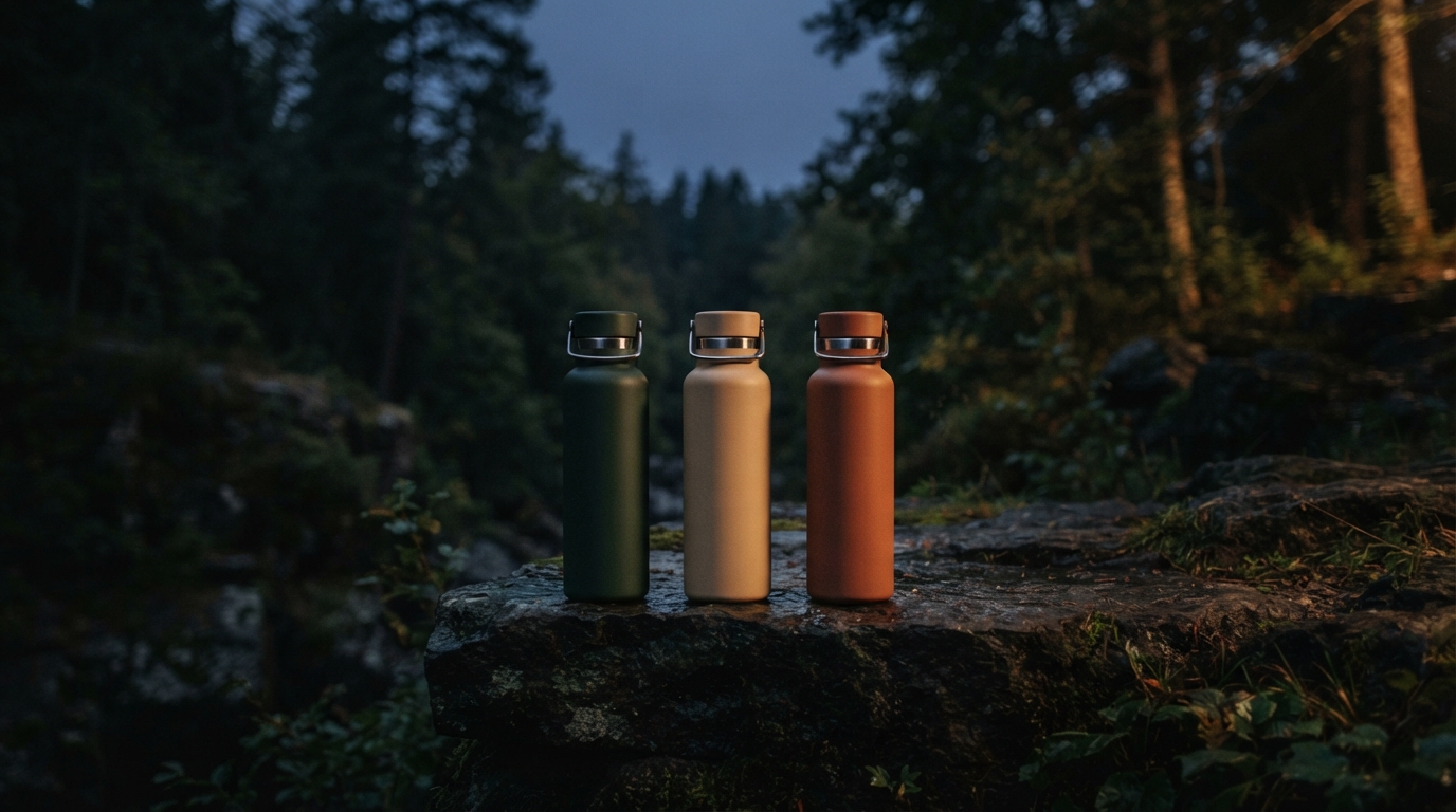 Three reusable metal water bottles in green, tan, and orange stand on a rock in a dim forest.