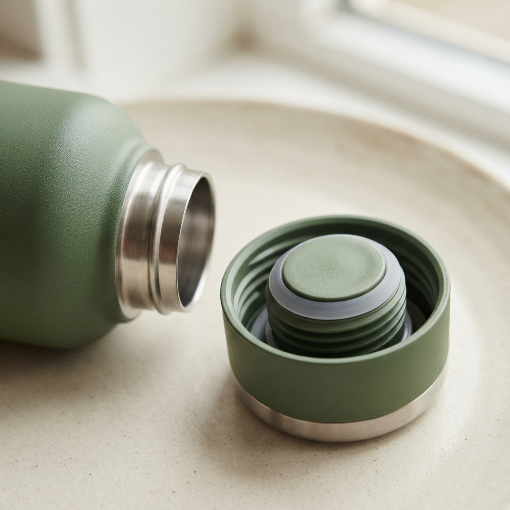 Open sage-green insulated bottle and detached ridged cap resting on a beige countertop.