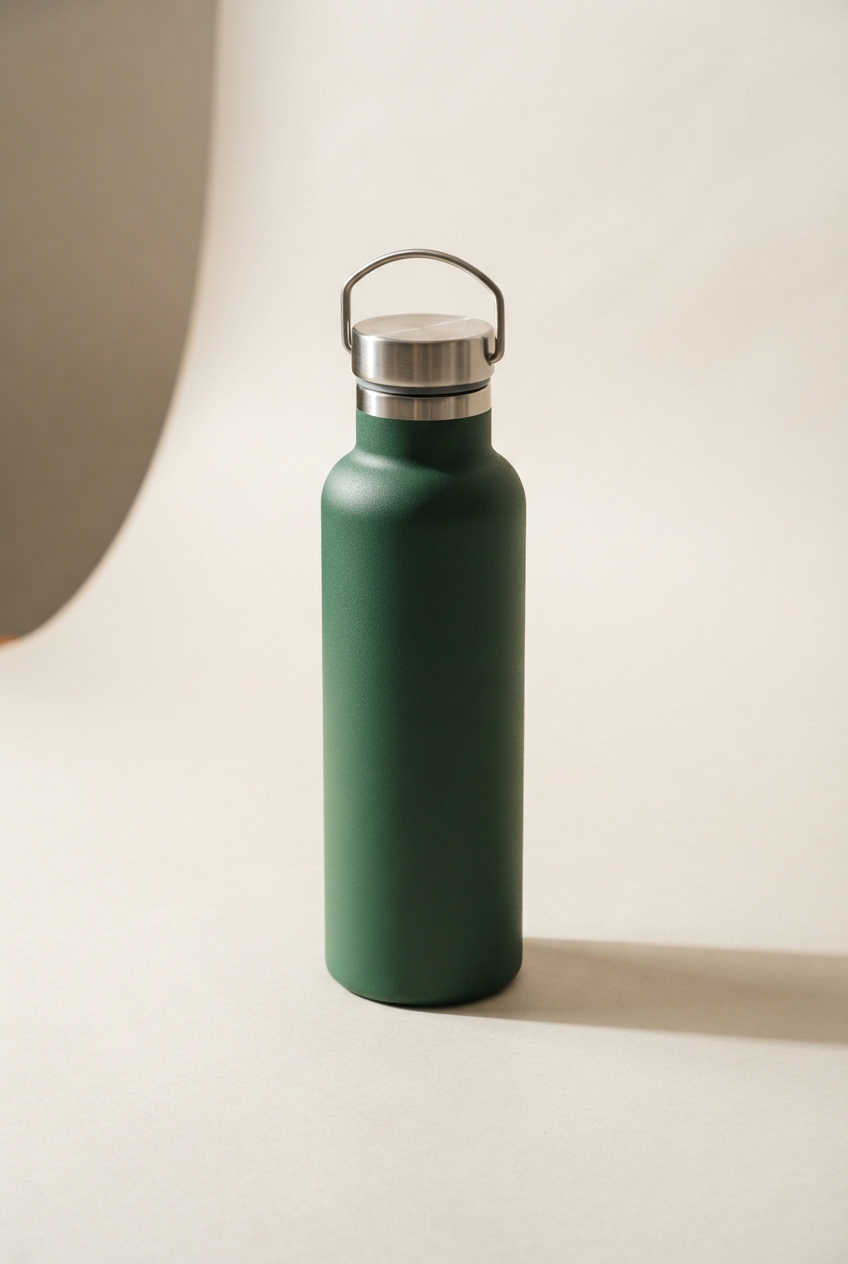 Dark green reusable bottle with a brushed silver cap and loop handle on a cream studio background.