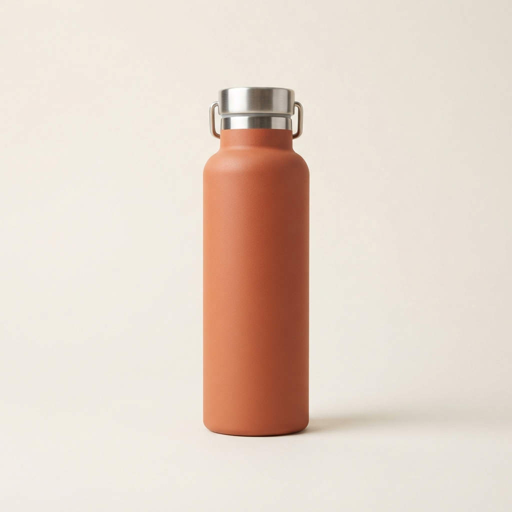 Terracotta reusable bottle with a stainless-steel cap and side loops on an off-white studio background.