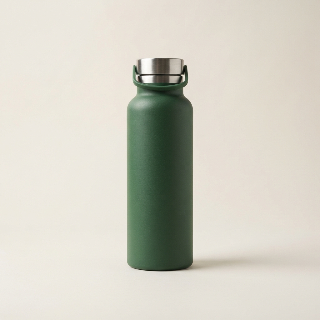 Matte dark green reusable bottle with a silver cap and green carry loop on a light background.