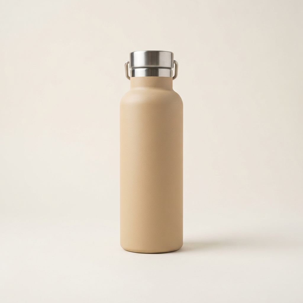 Matte beige insulated bottle with a stainless-steel cap and side carry loop on an off-white background.