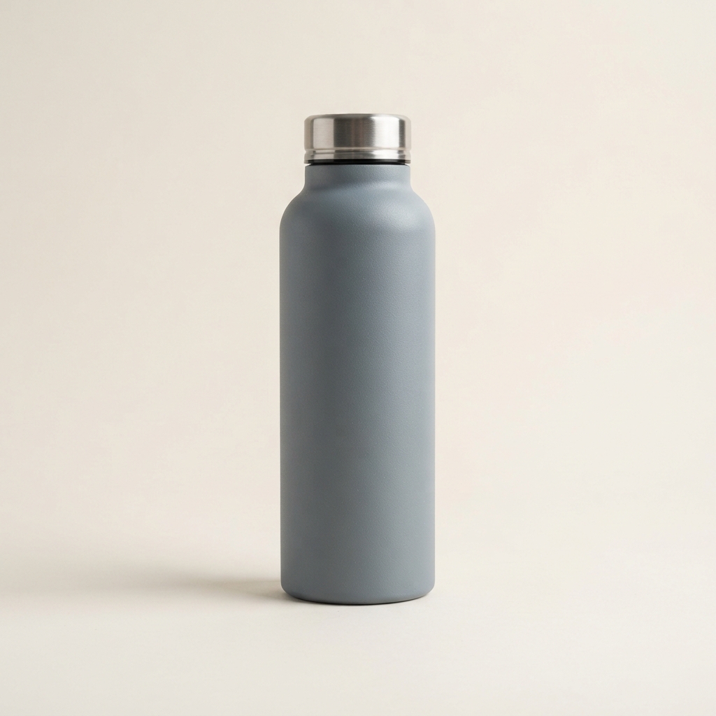 Matte gray reusable bottle with a brushed silver cap standing against an off-white background.